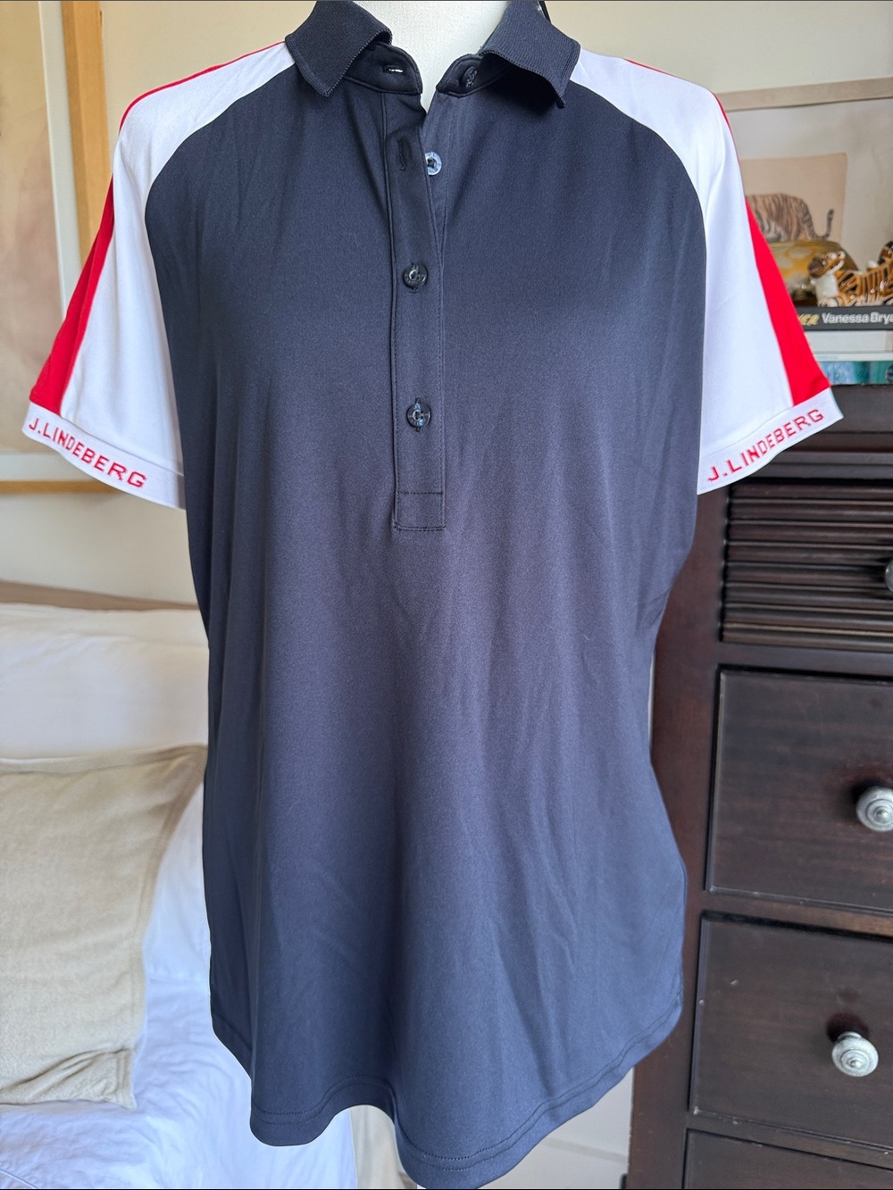 J.Lindeberg Navy Polo with Red & White Sleeve Panels-Women’s XL